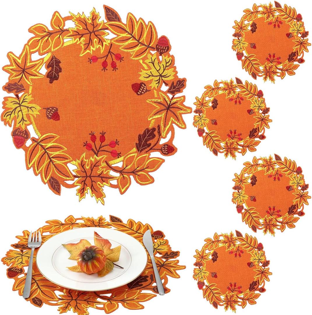 Yingzhao 6 Pcs Fall Placemat Thanksgiving Autumn Harvest Placemats Embroidered Maple Leaves Double Layer Table Mats Cutwork for Home Kitchen Dining Table Holiday Party Decoration