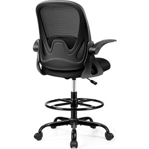 Drafting Chair Tall Office Chair with Flip-up Armrests, Adjustable Height, and Enhanced Lumbar Support - Ergonomic Rolling Stool, Back Support, and Adjustable Foot Rest Ring for Standing Desk Black