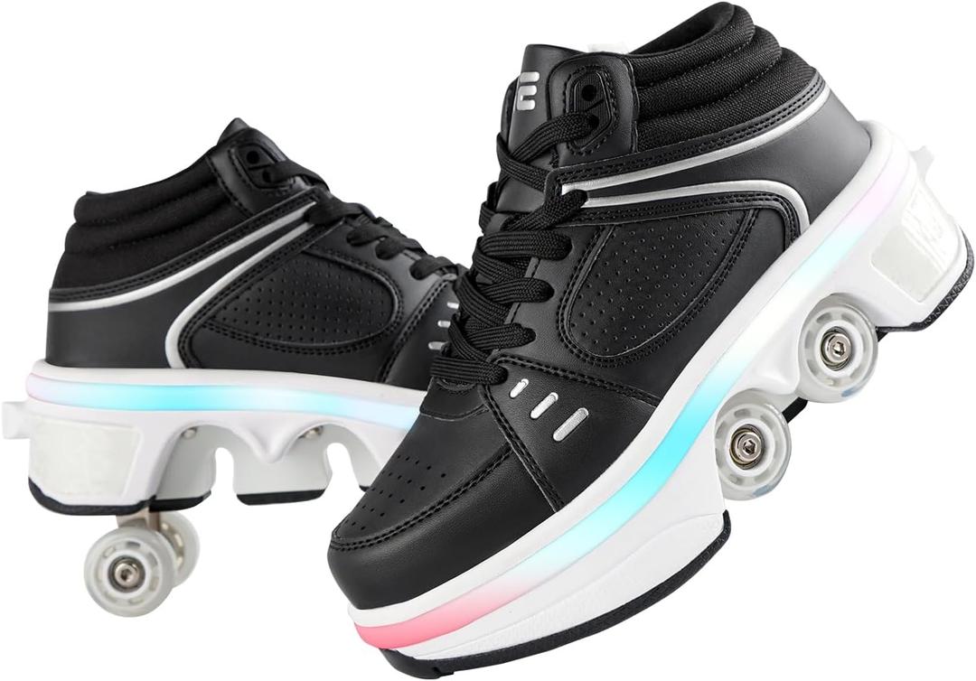 2-in-1 Unisex Roller Skate Shoes with Retractable 4 Wheels - Invisible Deformation & Removable Pulley, Ideal Retractable Roller Shoes for Women for Girls, Boys & Children (7, Black)