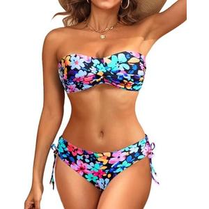 Women's Strapless Bandeau Bikini Set - Twist Front Two Piece Swimsuit Top with Side Tie Bathing Suit Bottom,L