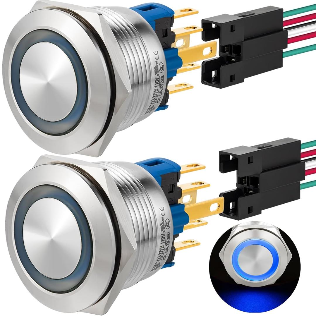 2Pcs Latching Push Button Switch 22mm 7/8" 110V-120V SPDT On Off Switch Waterproof IP67 Stainless Steel 304 with Wire UL Certification (Blue, Latching,110V)