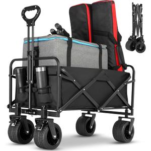 Collapsible Foldable Beach Wagon,Folding Wagon Cart with Big Wheels,Utility Grocery All Terrain Wagons carts Foldable with Brakes for Sand Camping Sports Outdoor(Deep Black).