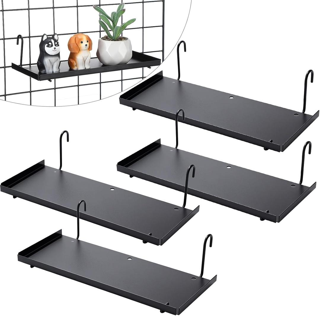 4 Pcs Gridwall Shelf Hooks Rack and Hanging Shelf for Wire Grid Panel Grid Panel Accessories Black Metal Wall Shelves for Home Garage Retail (9.84 x 3.94 Inches)