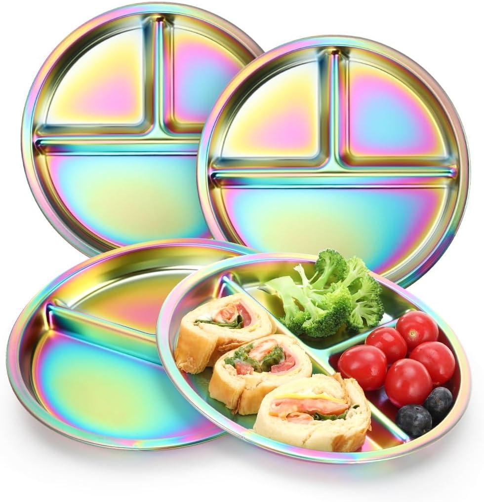 AIEVE Stainless Steel Kids Plates, 4 Pack Round Divided Toddler Plates, Portion Control Plate 9 Inch