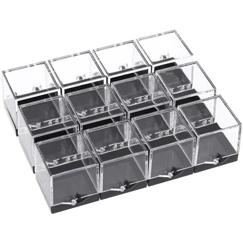 Cabilock 12PCS Mineral Display Boxes, Clear Acrylic Display Box for Rock Agate Slices Crystals Coral, Standard Cube Countertop Showcase Stand with Black Base