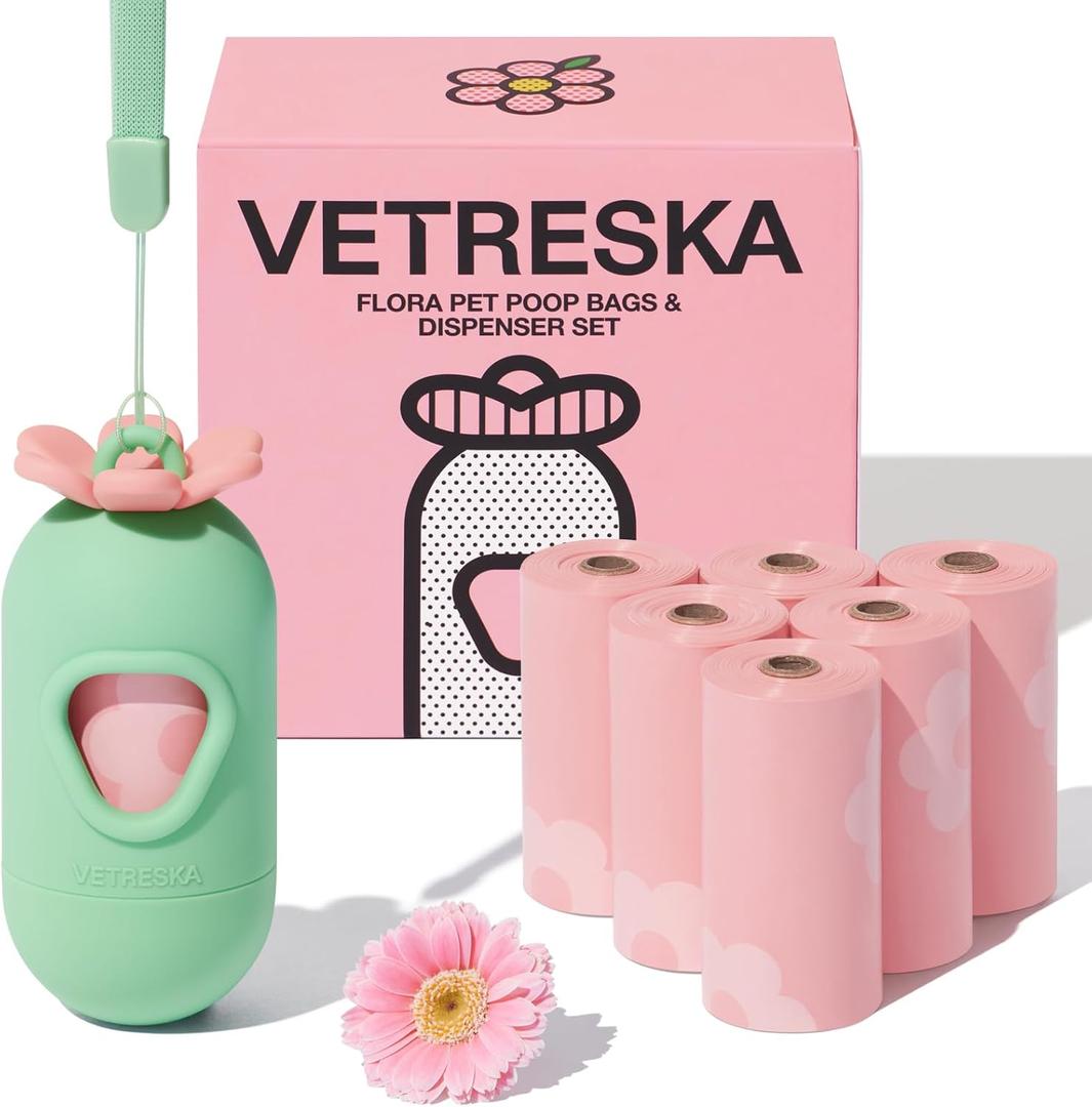 VETRESKA Dog Poop Bags with Dispenser, Lavender Scented, Leak Proof and Extra Thick Pet Waste Bags for Walking Dog and Cats Litter, 1 Bag Holder and 105 Bags (7 Refill Rolls)