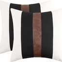 JASEN Set of 2 Faux Leather and Linen Throw Pillow Covers 18x18 Inch Black and White Modern Farmhouse Decorative Accent Cushion Covers for Couch Sofa (18x18)
