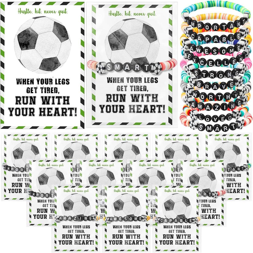 Zeyune 20 Set Soccer Bracelets Soccer Team Gifts Bulk Party Favors Stackable Clay Bead Adjustable Gifts Bracelets Inspirational Sports Cards for Team Players Adults Sports Party Favors
