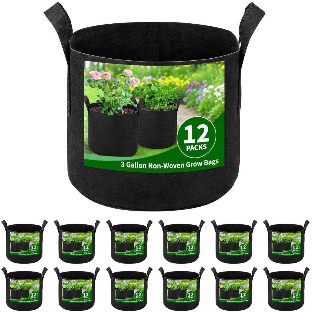 12 Pack 3 Gallon Grow Bags, Heavy Duty 300g Nonwoven Fabric Plant Pots with Reinforced Handles, Breathable Potato & Tomato Grow Bags for Vegetables, Peppers, Herbs - Black