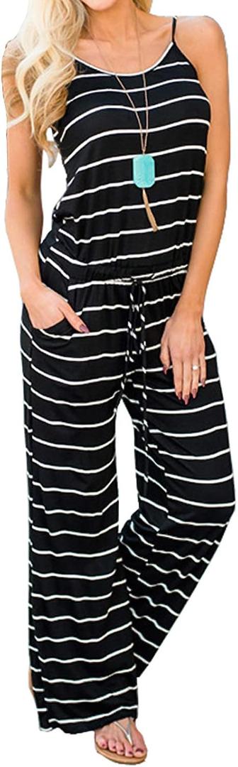 Artfish Women Casual Sleeveless Spaghetti Strap Striped Lounge Pajama Jumpsuit, XX-Large, 2027t Black Striped