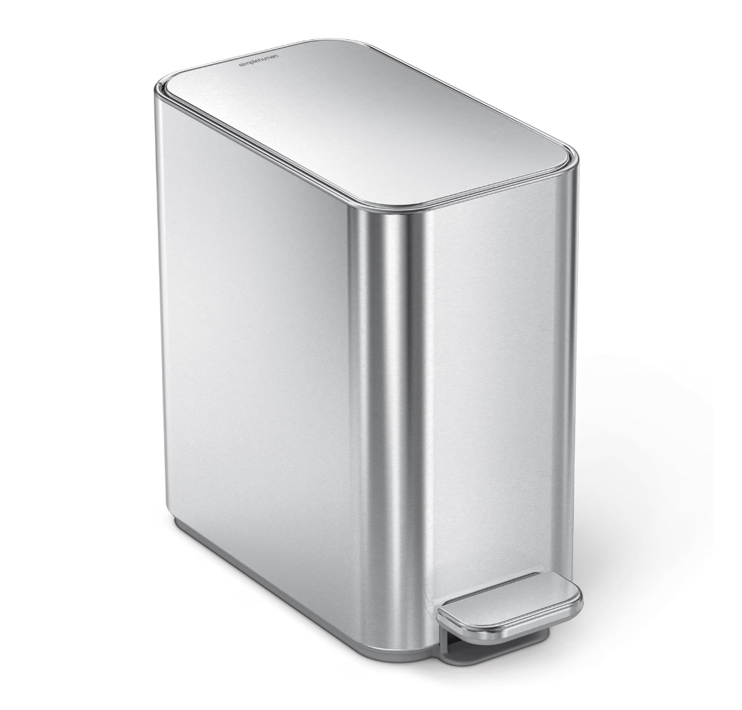 simplehuman Slim Step Can, 5L / 1.3 Gallon Compact Bathroom Trash Can, Liner Pocket®, Sleek Internal Hinge, 150,000-Step All-Steel Pedal, Lid Shox® Silent Close, Brushed Stainless Steel