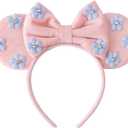 KARETT Sequins Mouse Ears Headband With Glitter Bow Cosplay Costumes Princess Party Decorations For Girls Women (Light Pink Flowers)