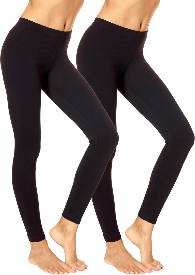 No Nonsense Women's Leggings - Soft Cotton Feel, Comfortable & Perfect for Layering, Gentle Elastic Waistband (Large, Black/Black - 2 Pair Pack)