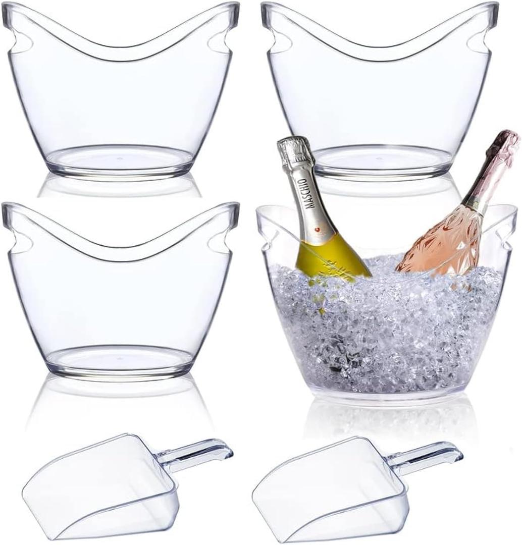 2 x Beverage Tubs for Parties Plastic Ice Bucket for Cocktail Bar Clear Acrylic Wine Bucket with Scoops Drink Bucket Cooler for Chiller Bin for Champagne or Beer (4 L) (2 packs of 4) (EXP 12/31/36)