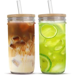 24 oz Glass Cups Set - 2 Pack Glasses Drinking Set with Leakproof Bamboo Lids & Glass Straws, Clear Kitchen Glasses Tumblers for Iced Coffee, Juice and Smoothie