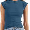 Tankaneo Womens Cap Sleeve Tops Crew Neck Ribbed Knit T Shirt Summer Casual Slim Fit Basic Tees Tshirt (Blue, M)