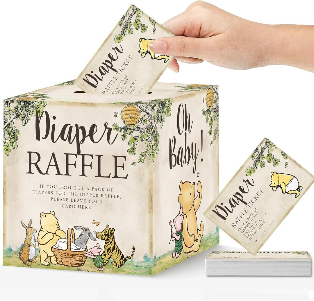 Winnie Diaper Raffle Box for Baby Shower Decorations 51Pcs Classic Baby Shower Games Party Supplies