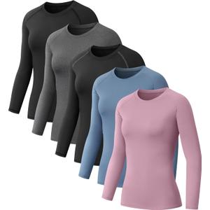 NebuKinex 5 Pack Women's Compression Shirt Long Sleeve Workout Tops Athletic Baselayer Quick Dry Gym Yoga Running T-Shirt (Blue, L)