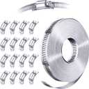 304 Stainless Steel Hose Clamp Assortment Kit DIY, Cut-To-Fit 35 FT Metal Strap+16 Stronger Fasteners, Large Adjustable Worm Gear Hose Clamps Screw Clamps Duct Pipe Metal Clamp Strapping