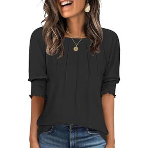 ANRABESS Womens Tops 3/4 Sleeve Crewneck Pleated Dressy Casual Shirts 2025 Summer Business Basic Tee Blouses Work Outfits Black XXL (Black, XXXL)