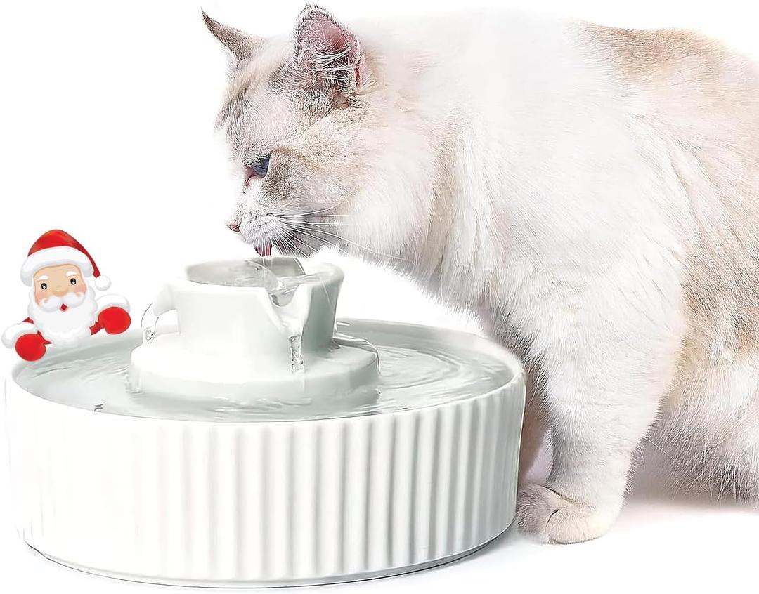2.1L Ceramic Cat Water Fountain-for Cats and Dogs, 360 Ceramic Pet Fountain-70 Oz Large Water Capacity - Whisper-Quiet Water Flow-Great for Shy or Timid Pets - Fresh, Filtered Water(White)