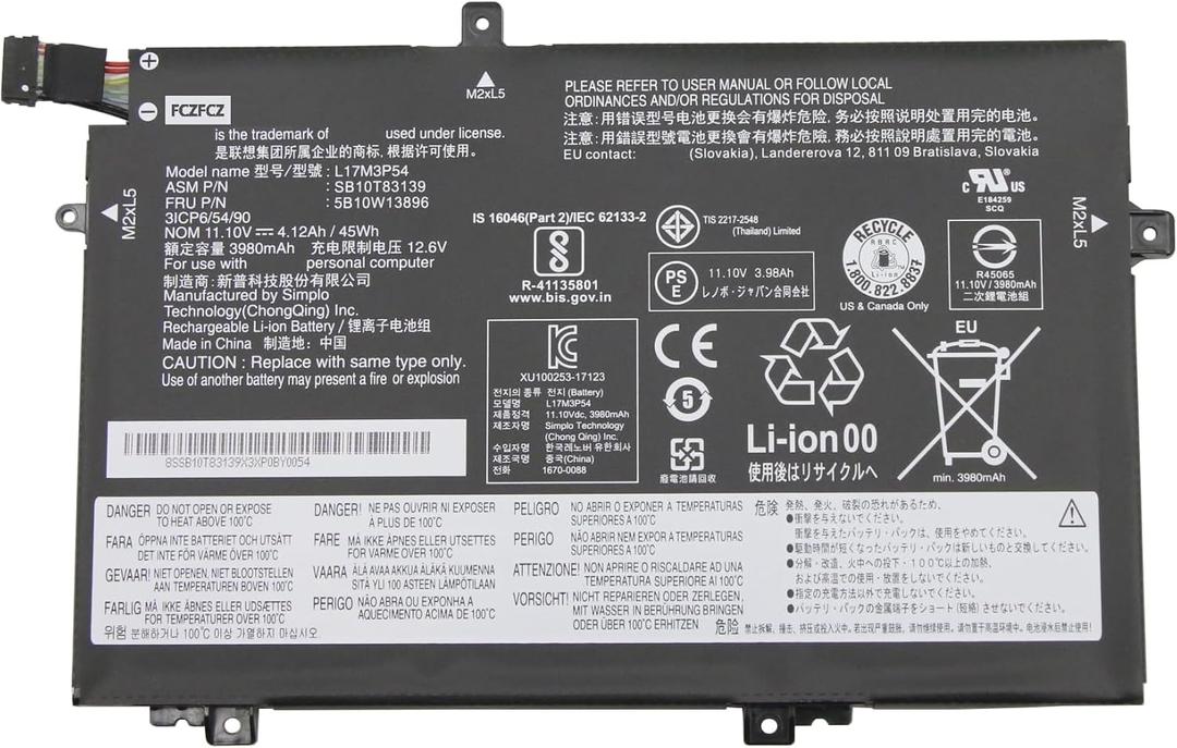 L17M3P54 Battery 45Wh 4120mAh Replacement for Lenovo ThinkPad L480 L490 L580 L590 L14 L15 / ThinkPad L14 Gen 2 L15 Gen 2 Series SB10K97612 01AV465 L17C3P52 01AV466 L17L3P52 L17M3P53 11.1V