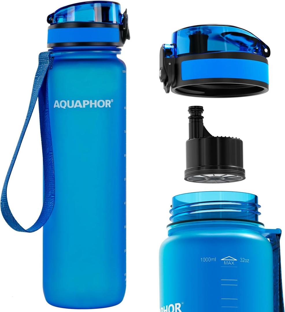 Nakii Filtered Water Bottle, Leakproof, BPA-Free, Motivational Markings, Travel, Everyday Use. 40-Gallon Filter, Replaces 300 Plastic Water Bottles. Includes 1 Filter, 22 FL Oz, Blue by Aquaphor