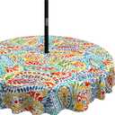 LVTXIII Outdoor/Indoor Round Tablecloth, Patio Stain Resistant Table Covers with Umbrella Hole Picnic Table Cloth with Zipper for Patio Garden Buffet Table Decoration, 60", Round, Paisley Multi