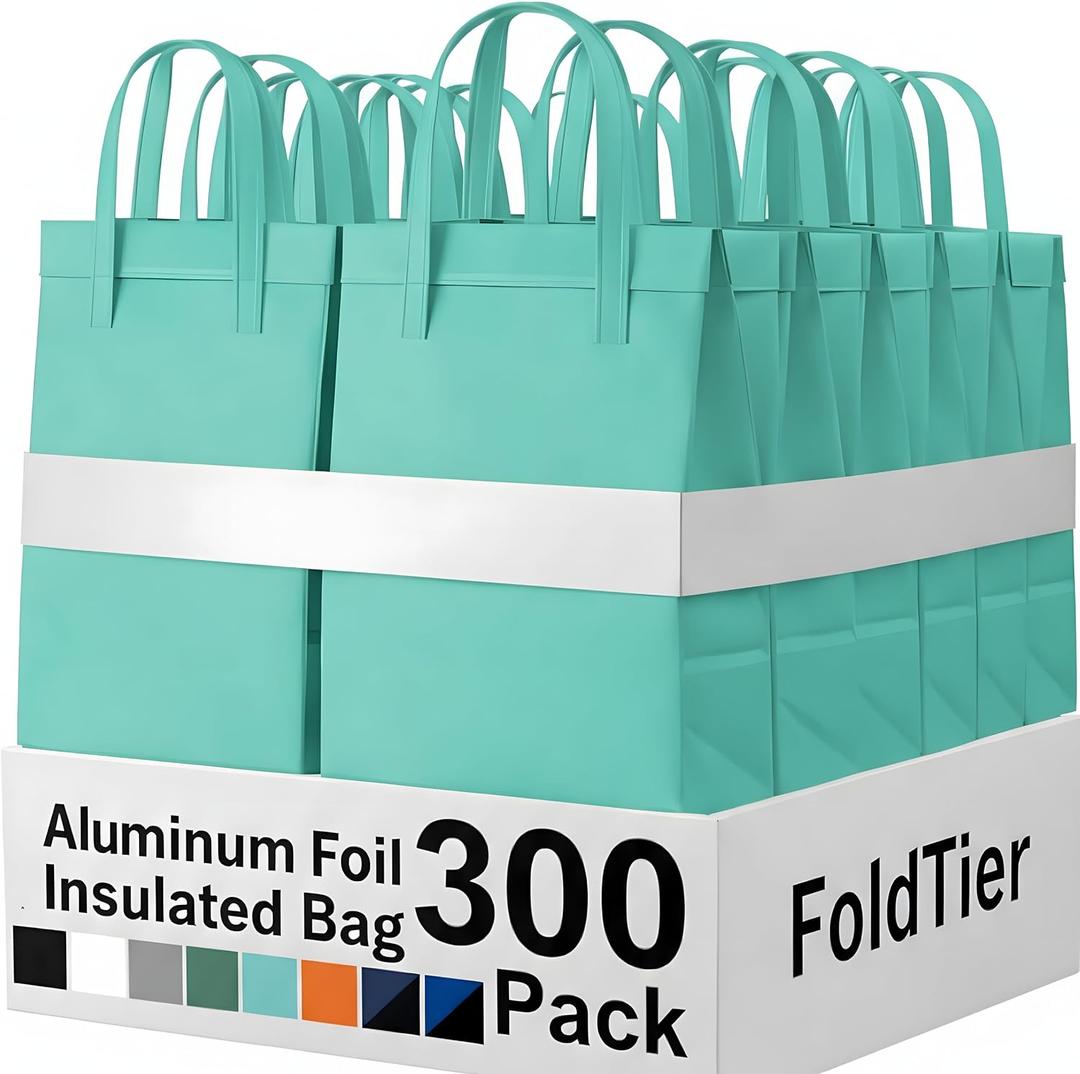 FoldTier 300 Pack Insulated Bags Bulk for Food Delivery, Light Green, 9.45 x 9.45 x 5.91 inches