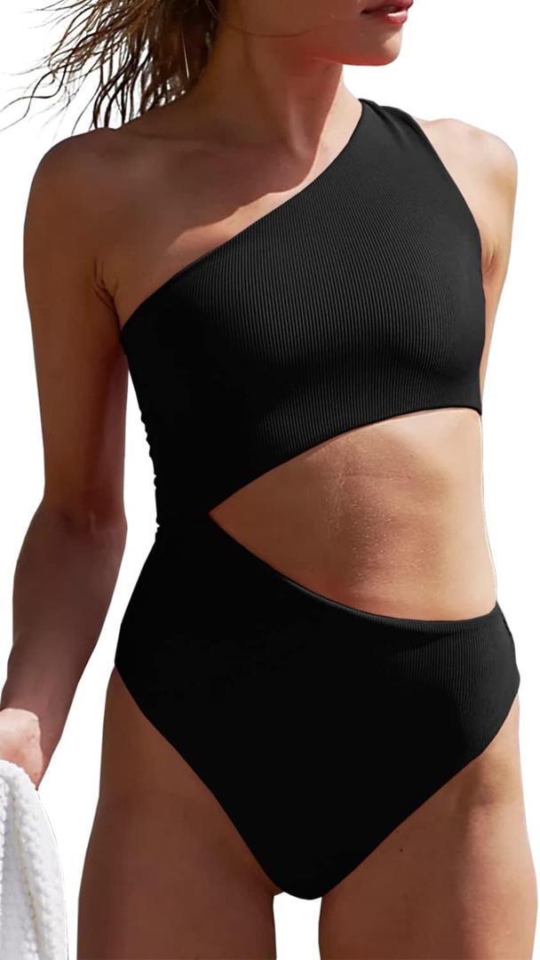 Women's One Piece Ribbed Swimsuit One Shoulder Cutout Swimwear Sexy Bathing Suit (Small, Black)