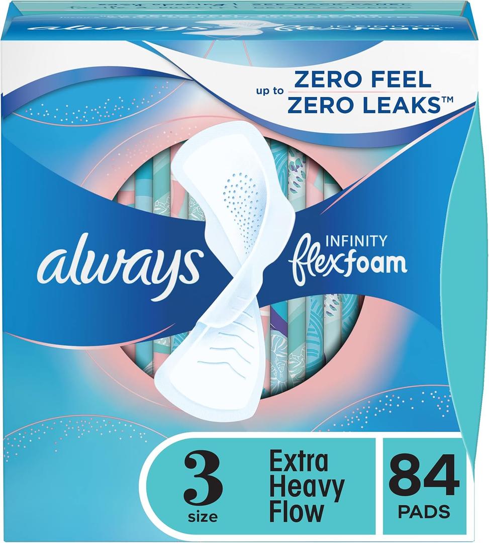 Always Infinity Feminine Pads for Women, Flexfoam Pads with Wings, Size 3, Extra Heavy Absorbency, Unscented, 84 Count (3 Packs of 28)