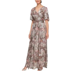 S.L. Fashions Women's Plus Size Long A-line Gown W/Flutter Sleeves & Ruched Waist, Wedding Guest, Party Dress, L