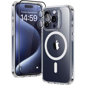 ESR for iPhone 15 Pro Case Set, 1 Tempered-Glass Screen Protector, 1 Set of Lens Protectors, Military-Grade Protection, Yellowing and Scratch Resistant MagSafe Phone Case, Classic Series, Clear