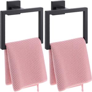 2 Pack Matte Black Towel Ring, Stainless Steel Hand Towel Holder, Modern Square Wall Mounted Bathroom Rack Hangers