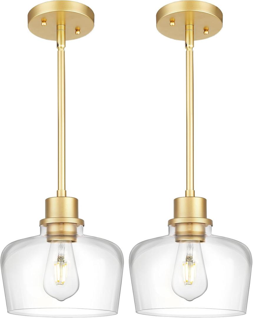 Emak 8 Inch Pendant Lights Kitchen Island, 2 Pack Gold Pendant Light Fixtures with Clear Glass Shade, Modern Island Lights for Kitchen, Dining Room, Bathroom, PL122-GD-CG-2PK