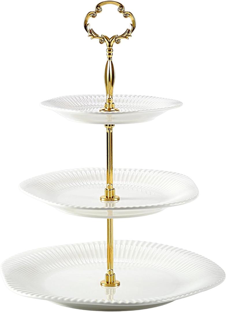 3 Tier Cupcake Stand Ceramic Cake Stand Wedding Dessert Tower, Tiered Serving Tray for Tea Party Afternoon Display Platter(Gold & White)