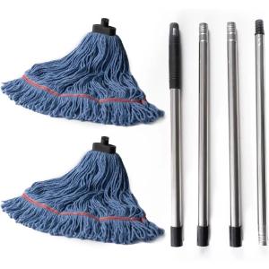 Matthew Large Commercial&Residential Mop Heavy Duty Industrial Mops w/Screw-on handle(Fit Standard American Screw)Looped-End String Wet Cotton Mops for Home,Office,Warehouse - 1 Set&2 Mop Replacements