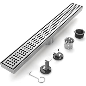 24-Inch Brushed Nickel Linear Shower Drain, 304 Stainless Steel Long Linear Drain with Quadrato Pattern Grate, Rectangle Shower Floor Drain with Adjustable Feet, Hair Strainer, Fits Bathroom, Balcony