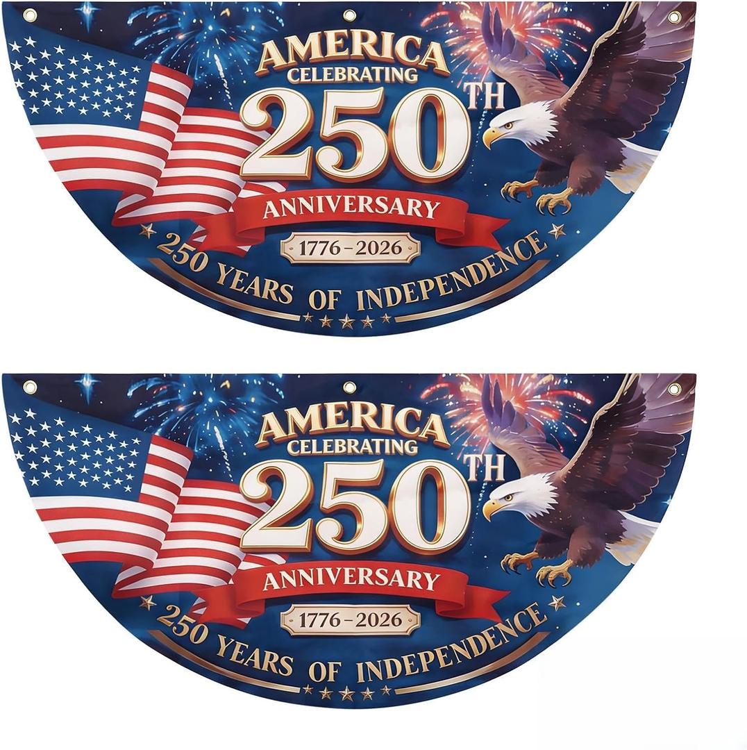 2PCS 250th Anniversary USA Bunting Flag, Patriotic Eagle Motif American Fan Flag Decorations, 1776-2026 250 Years of Independence Banner Decors for Wall Front Door Porch Fence Outdoor, 1.5x3 FT