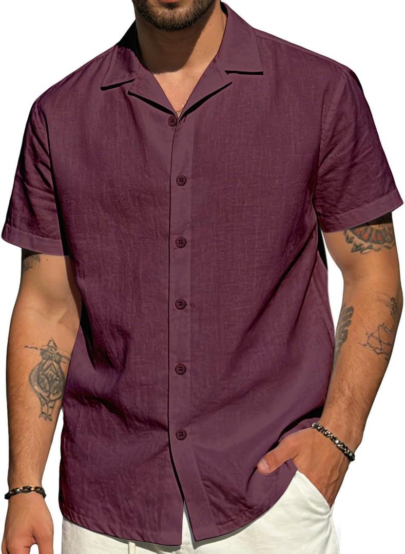 Mens Cotton Linen Shirt Casual Lightweight Button Down Shirt Short Sleeve Summer Beach Vacation Tops, XX-Large