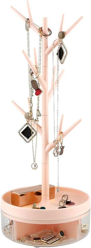 Branch Jewelry Rack With Rotatable Base and Storage Box Tree Tower Rack Hanging Organizer for Ring Earrings Necklace Bracelet,Suitable for living rooms, bathrooms,offices,etc.