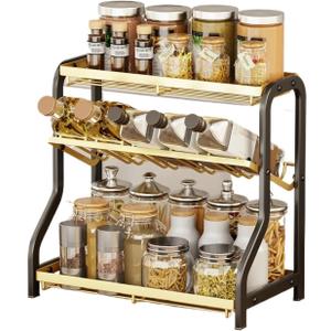 Spice shelf, 3-tier Seasoning Storage Rack Kitchen Countertop Multifuctional Storage Holder Stainless Steel,kitchen(Blackgold)