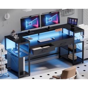 Pamray 58 Inch Computer Desk with Monitor Stand and Shelves Gaming Desk with LED Lights & Power Outlets PC Vanity Table with 2 Drawers for Home Office Black