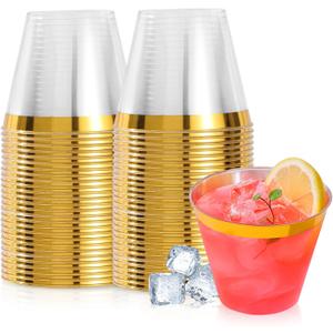 31 Gold Plastic Cups, 9 oz Clear with Metallic Gold Rim Disposable Cups, Elegant Plastic Tumblers, Fancy Party Cups