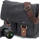 peacechaos Men's Canvas Camera Bag Leather DSLR SLR Camera Case Vintage Camera Messenger Bag Shoulder Bag Sling Bag (Dark Grey)