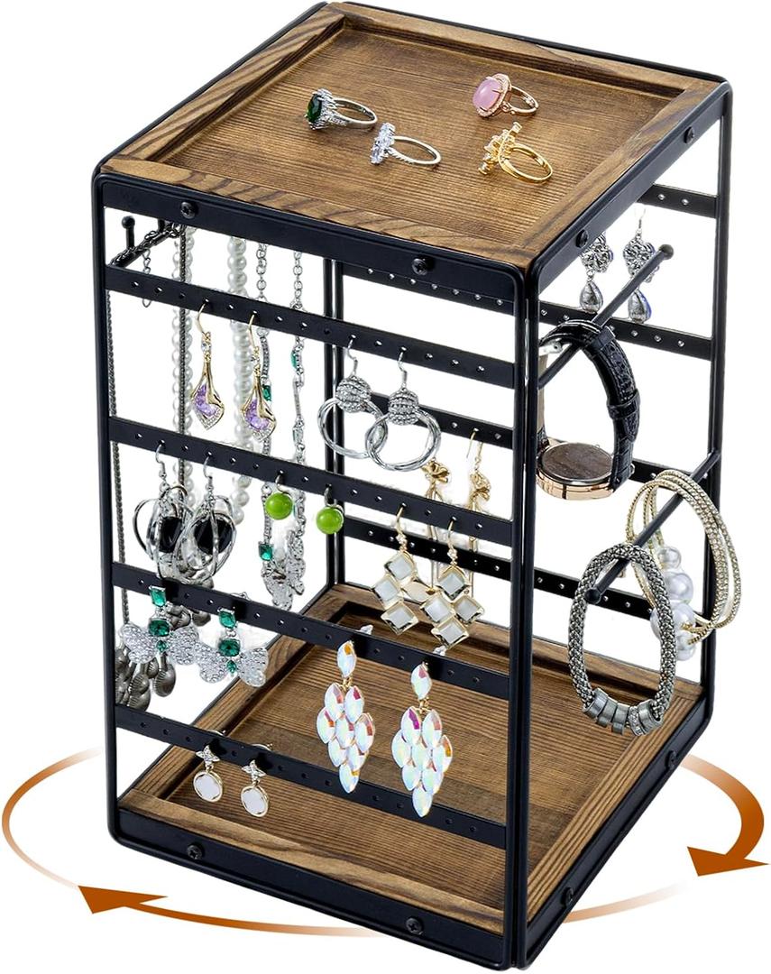 MyGift 360 Rotating Black Metal and Solid Wood Jewelry Organizer Stand Urban Modern All-in-One Display Holder for Earrings, Necklaces, Bracelets, Rings & Watches