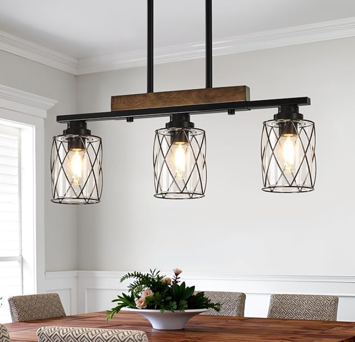 3Light Dining Room Light Fixture/Chandelier Over Table, Island Lighting Hanging for Farmhouse Linear Chandeliers Matte Black Rustic Wood Ceiling Pendant Light Fixtures, with Clear Glass Shade