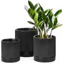 LaDoVita 3 Pack Ceramic Plant Pots 6/5/4 inch, Flowerpot for Indoor Plants with Drainage Holes and Tray, Outdoor Garden Planters, Modern Decorative for Home, White Vertical Stripes