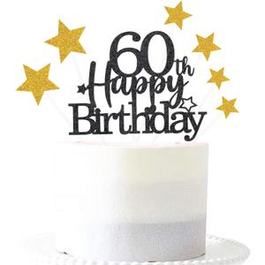 4 x Glittery 60th Happy Birthday Cake Topper with Star,Personalised 60 Birthday Cake Toppers Party Decorations Party Supplies for Men Women Black Gold