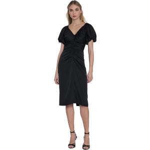 Maggy London Puff Sleeve Below The Knee Ruching | Wedding Guest Dresses for Women (0, Black)